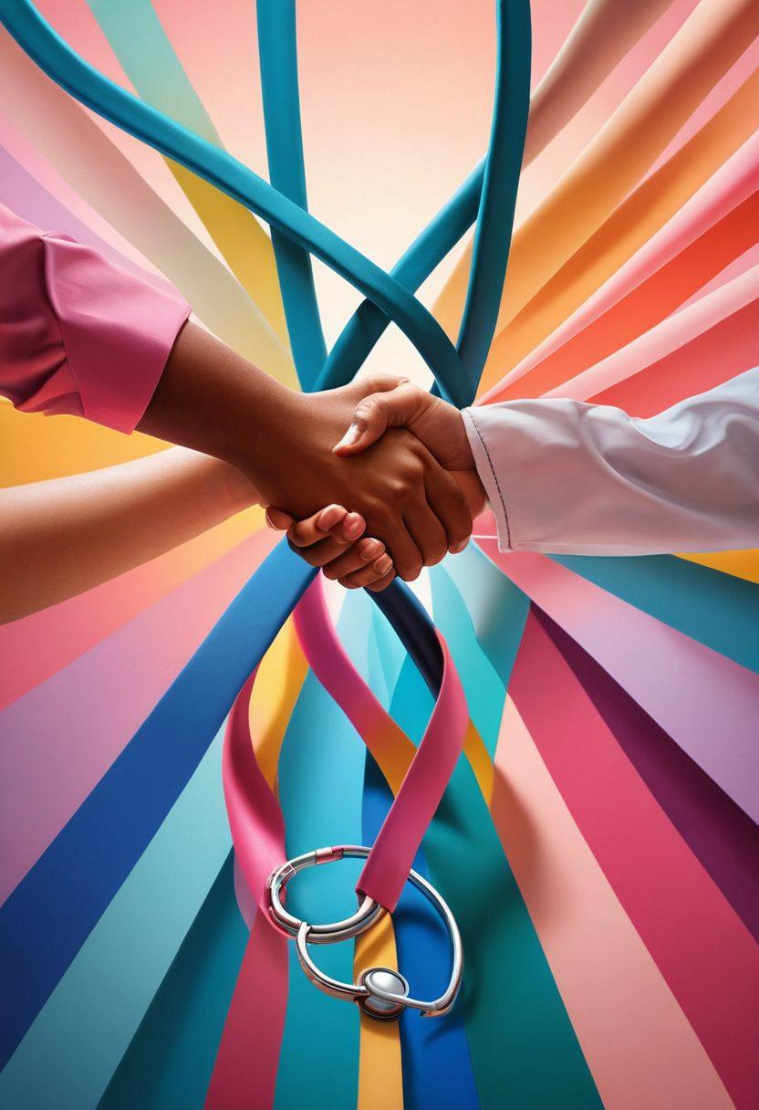 An abstract depiction of a patient journey intertwined with a roadmap, featuring symbolic elements like a stethoscope, a ribbon representing cancer awareness, and a diverse group of patients holding hands in support. The background transitions from shadows to light, symbolizing hope and recovery. Colorful and uplifting, capturing both challenges and victories in cancer care. vibrant colors. super-realistic.