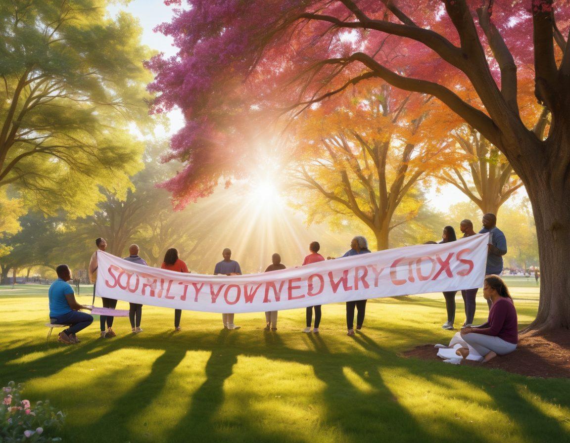 A serene scene depicting a diverse group of individuals gathered in a peaceful park, working together on a community project related to cancer awareness. Soft sunlight filters through the trees, highlighting a colorful banner that reads 'Support, Advocacy, and Wellness'. Include symbols of hope like ribbons and hearts scattered throughout. The atmosphere should feel warm and inviting, showcasing bonds of support and friendship. vibrant colors. super-realistic.